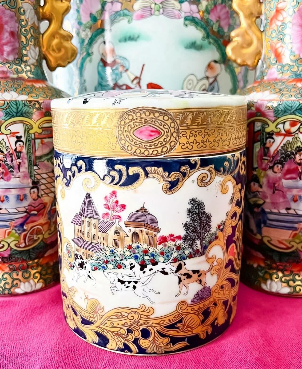 Vintage hunt scene canister/tea caddy
