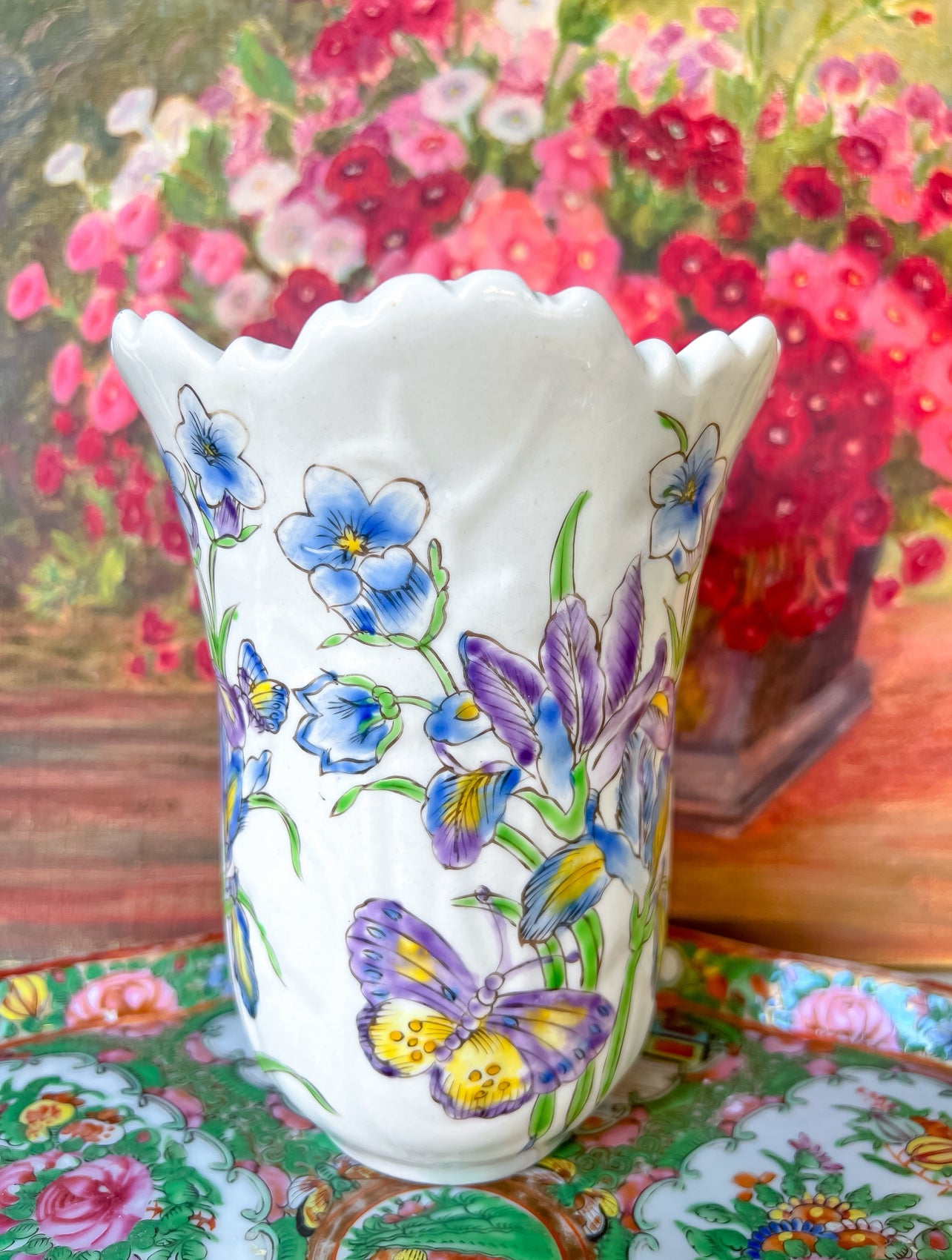Vintage Iris and butterfly vase