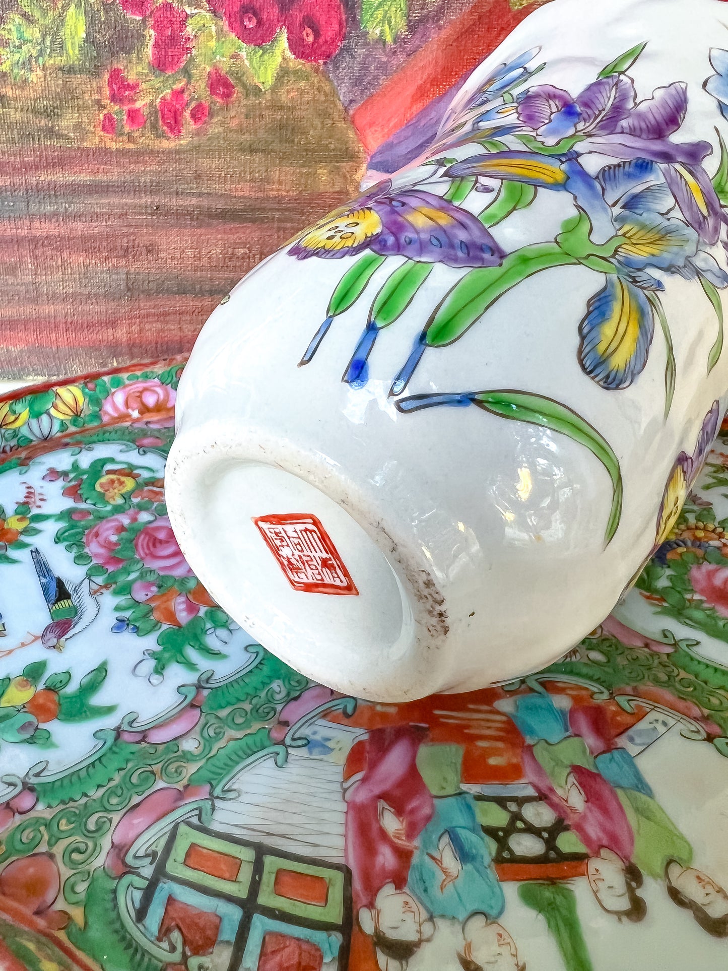Vintage Iris and butterfly vase