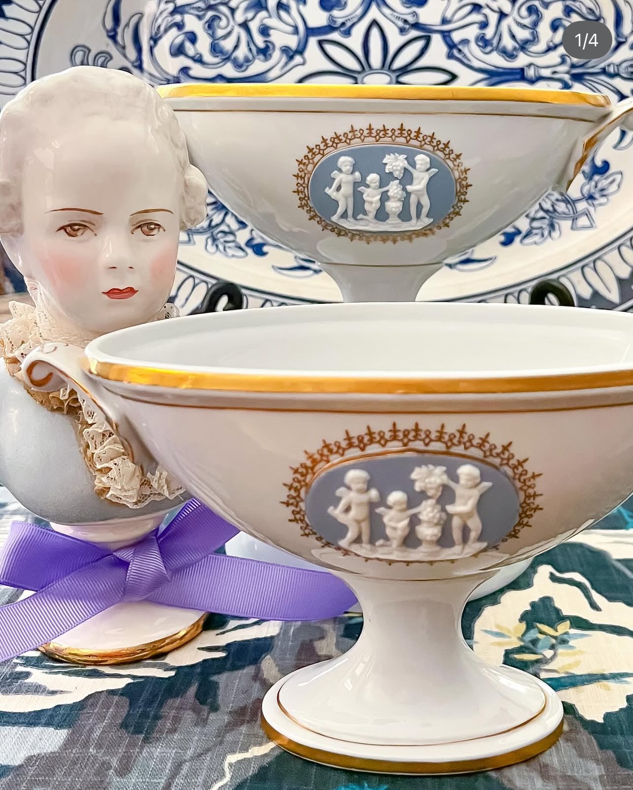 Vintage porcelain and jasperware urn pair